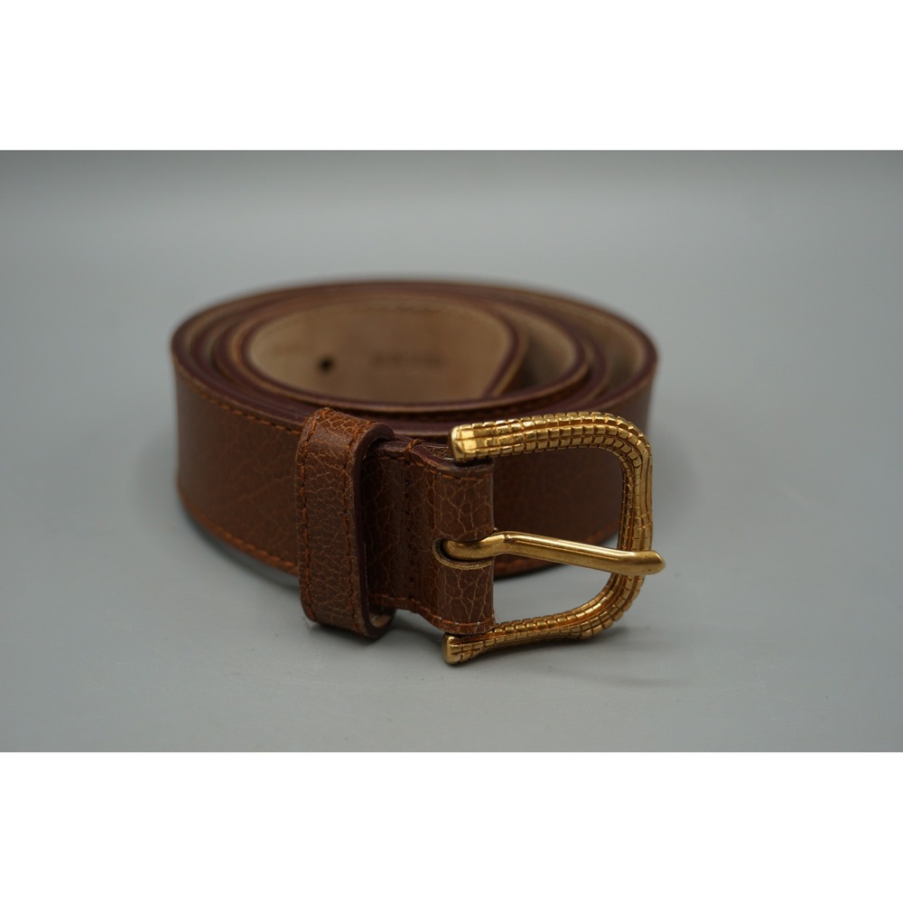Dolce & Gabbana Mens Brown Leather Belt Size 34 Gold Textured Buckle Made Italy